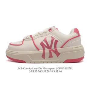 MLB Chunky Liner Mid White Leather Retro Street Shoes for Women