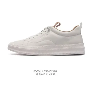 ECCO Men's Casual White Leather Sneakers - Breathable Lightweight Lace-Up Shoes