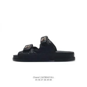 CHANEL Logo Magic Strap Flat Casual Sandals - Two-Way Wear Slides