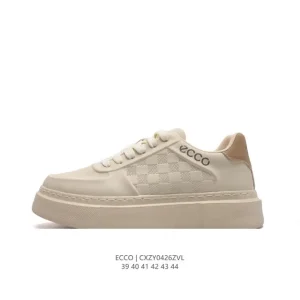 ECCO Men's White Leather Chunky Sole Sneakers - Breathable Lightweight Casual Shoes