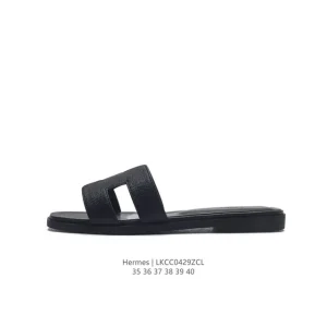 Hermes Woman Slippers Classic Black White Flat Rubber Sole