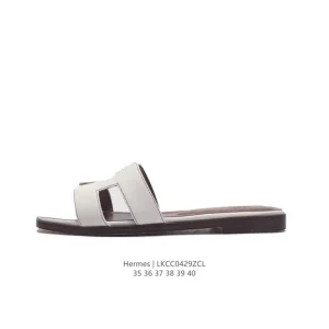 Hermes Woman Slippers Classic Black White Genuine Leather Flat Sole