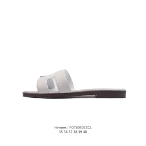 Hermes Woman Slippers Classic Black White Genuine Leather Flat Sole