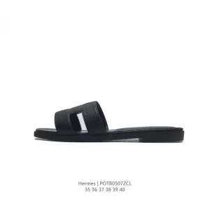 Hermes Women's Classic Slippers Black White Original Factory Leather Sole