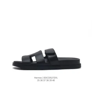 Hermes Woman Slippers Classic Black White Genuine Leather Flat Slides