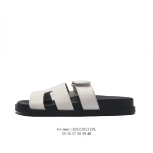 Hermes Woman Slippers Classic Black White Genuine Leather Flat Sole
