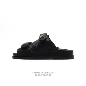 CHANEL Logo Magic Strap Flat Casual Sandals Slides Two-Way Wear