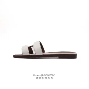 Hermes Oran Slippers for Women Classic Black White Leather Flat Sandals