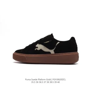 PUMA Suede Platform Gold Women's Retro Thick Sole Sneakers