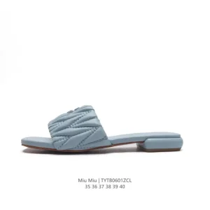 Miu Miu Matelasse Leather Flat Sandals with Metal Logo