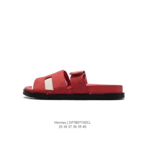Hermes Women's Classic Slippers Black White Genuine Leather Flat Sole