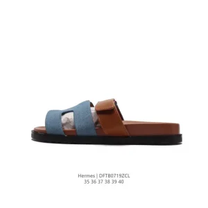 Hermes Women's Classic Slippers Black White Genuine Leather Flat Sole