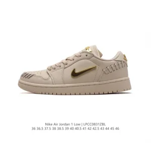 Jordan Air Jordan 1 Low Retro Black White Gold Swoosh Leather Sneakers