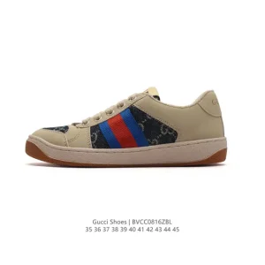 Gucci Screener Old Vintage Leather Sneakers with Thick Sole Double G Detail