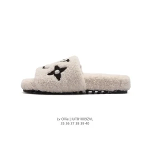 Louis Vuitton Furry Winter Slippers with LV Monogram Logo