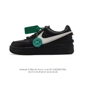 Nike Air Force 1 Low Ambush Collaboration White Leather Sneakers with Swoosh Extension