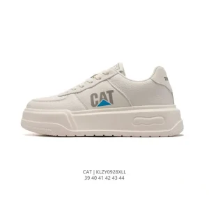 Cat Men's Breathable White Leather Sneakers with Thick Sole