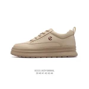 ECCO Men's White Leather Casual Sneakers with Thick Sole