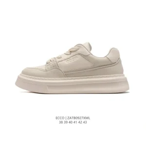 ECCO Men's White Leather Casual Sneakers with Thick Sole