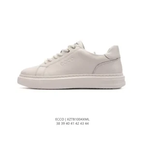 ECCO Men's White Leather Casual Sneakers with Thick Sole