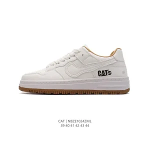 CAT Men's Classic White Leather Low-Top Sneakers with Thick Sole