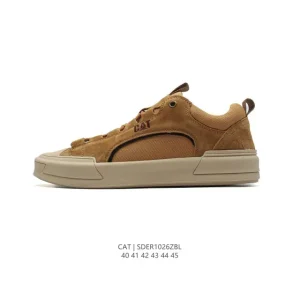 CAT Men's White Leather Low-Top Sneakers with Thick Sole for Hiking