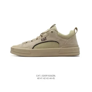 CAT Men's New White Leather Low-Top Sneakers with Thick Sole