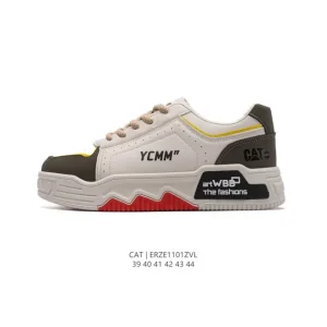 CAT Men's New White Fashion Low-Top Sneakers with Thick Sole