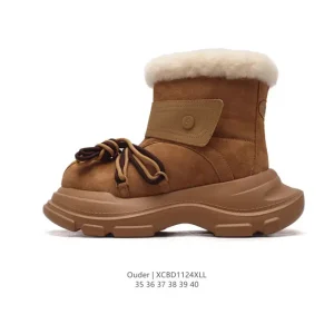 Ouder Women's Retro Lace-Up Wool Fur Waterproof Snow Boots