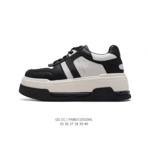 Gg Cc Luxury Women's Leather Casual Sneakers with Mesh Comfort and 5cm Height Boost