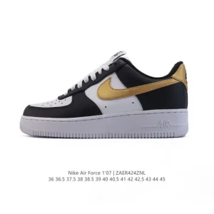 Nike Air Force 1 Low White Black Gold Swoosh Leather Sneakers