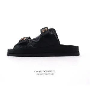 Chanel Logo Velcro Flat Slide Sandals for Women
