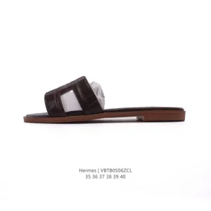 Hermes Woman Footwear Classic Leather Slippers Black White