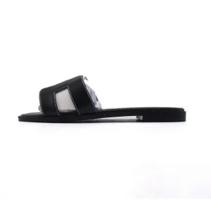 Hermes Woman Slippers & Sandals Classic Black White Genuine Leather Flat Slides