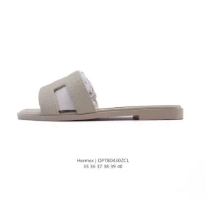 Hermes Style Luxury Leather Flat Slippers for Women Classic Black White