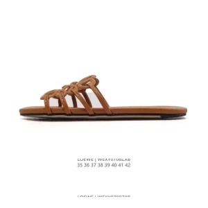 Loewe Petal Anagram Calf Leather Square Toe Slide Sandals for Women Brown