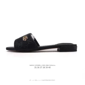 Gucci Black Leather Square Toe Slippers with Double G Logo