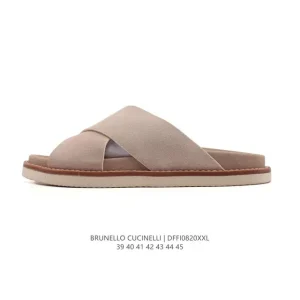 Brunello Cucinelli Beige Suede Leather Slides for Men