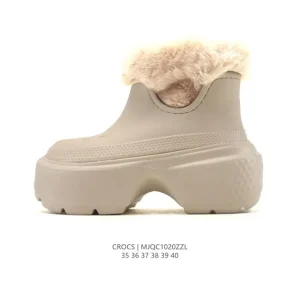 Crocs Winter Fleece Lined Thick Sole High Heel Ankle Boots with Fur Trim