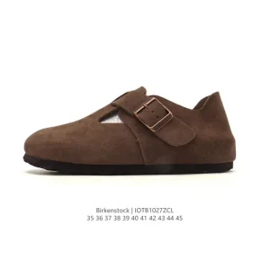 Birkenstock Boston Velvet Suede Shoes with Cork Sole and Metal Buckle